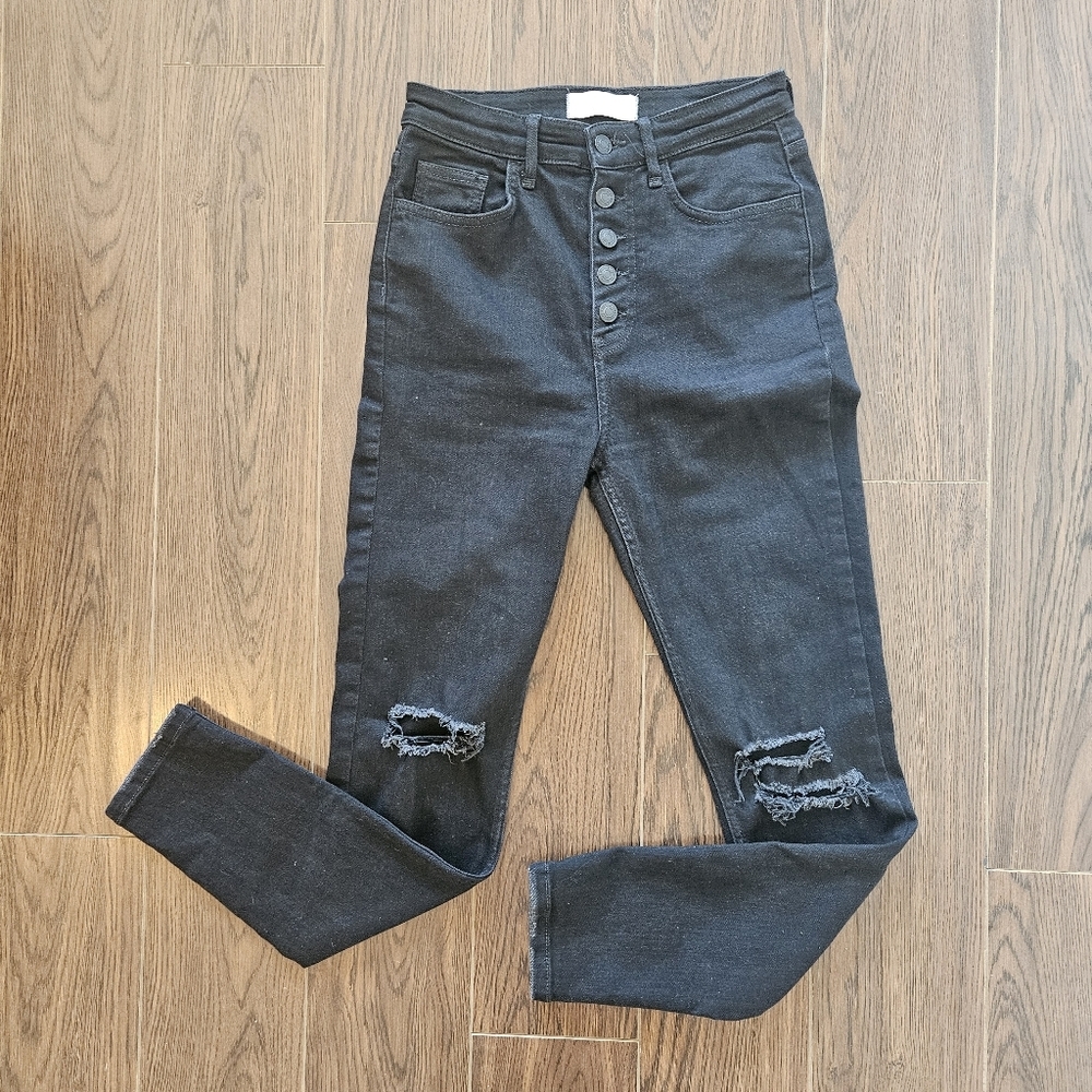 We The Free Black Distressed High Waisted Skinny Jeans with Button Fly Size 27
